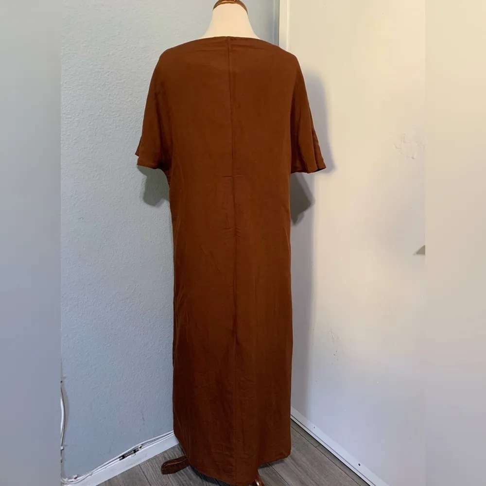 Zara New Beach Bohemian Linen Blend Brown Beaded Tunic Round Neck Dress Size L‎ - Image 6