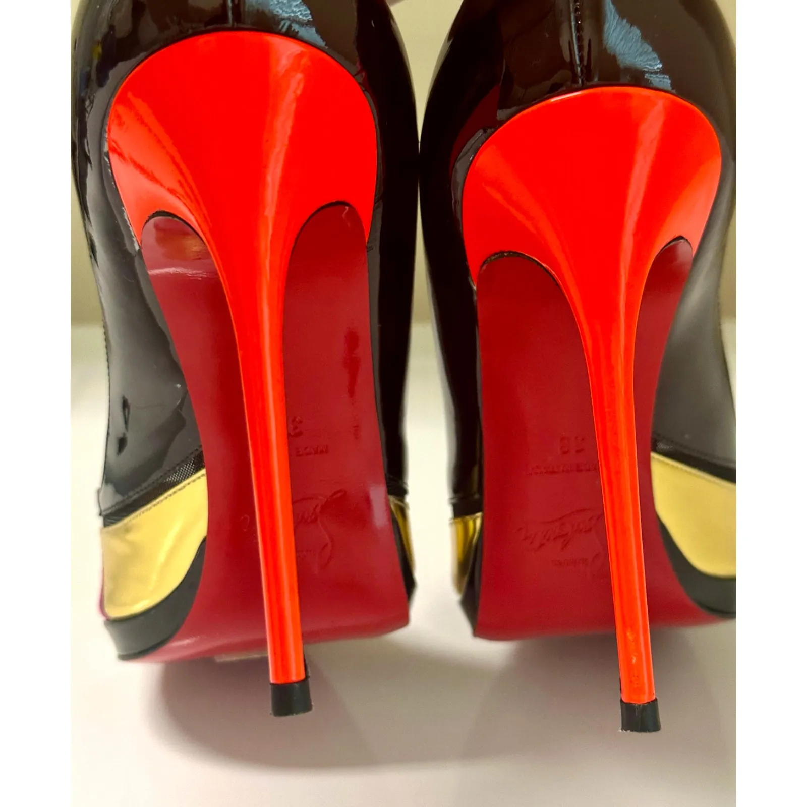 Christian Louboutin Astrogirl Patent Colorblock Heels Black Pink Gold 38 - Image 8
