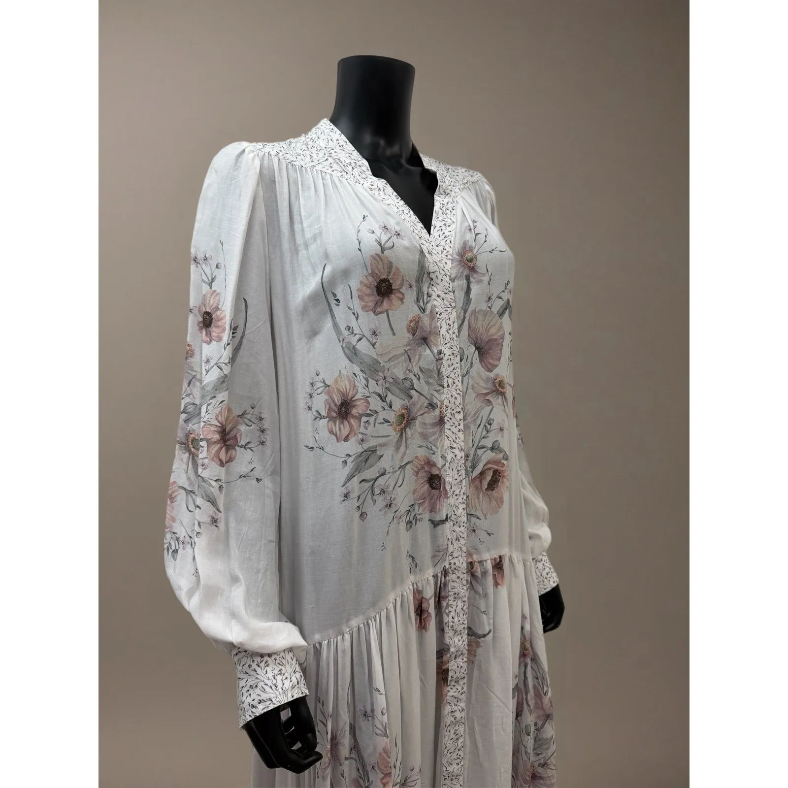 H&M Floral Boho‎ Midi Dress White Pink Long Sleeve Lyocell Viscose Size 4 NWT - Image 5