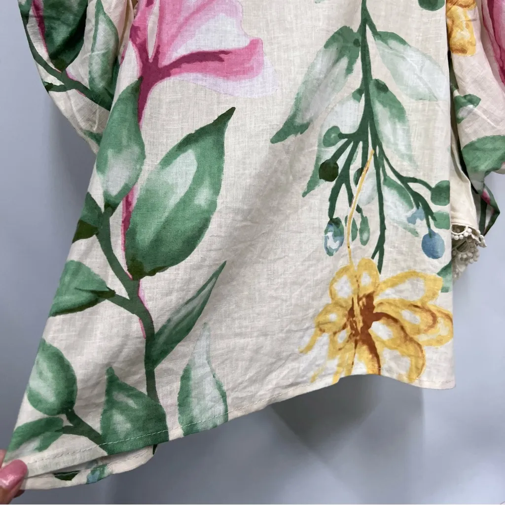 RACHEL Rachel Roy Floral Blouse with Puff Sleeves linen blend crochet trim S - Image 9