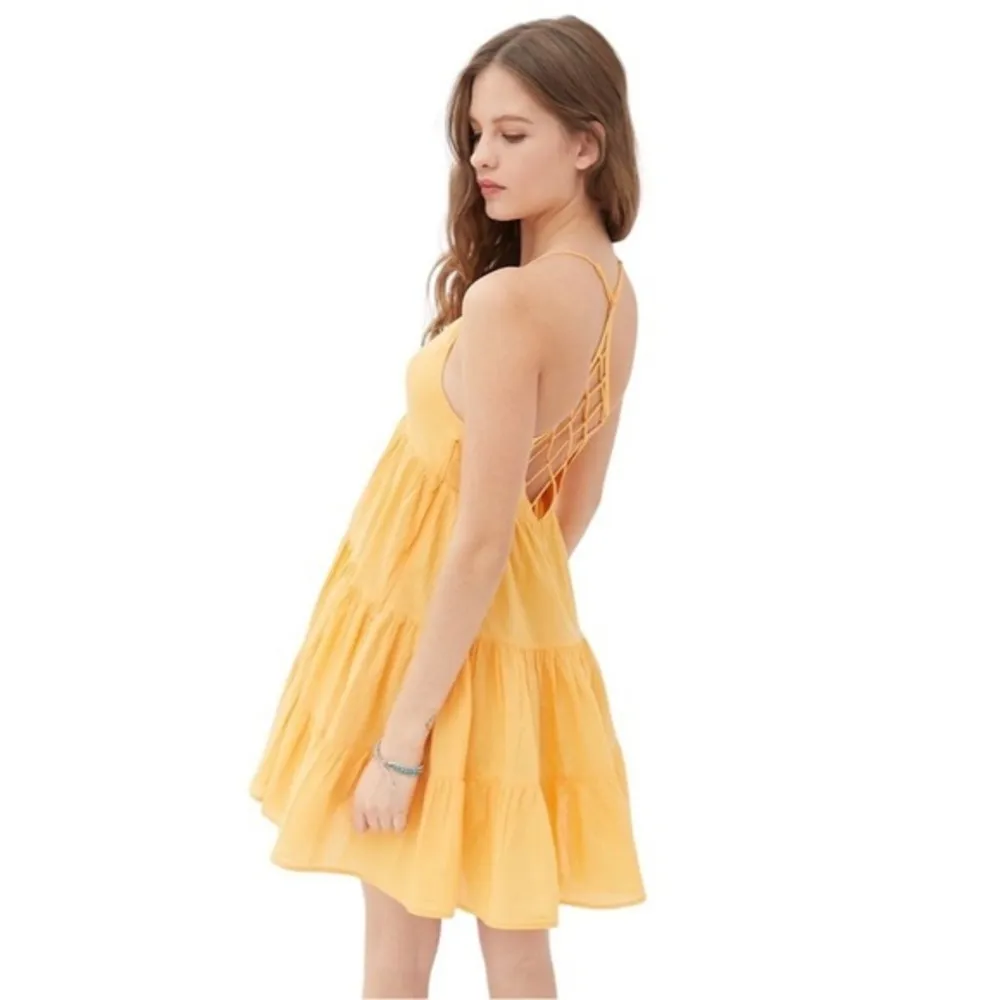 Urban Outfitters Fieldstone Ladder Open Back Tiered Mini Dress in Mango Yellow - Image 91