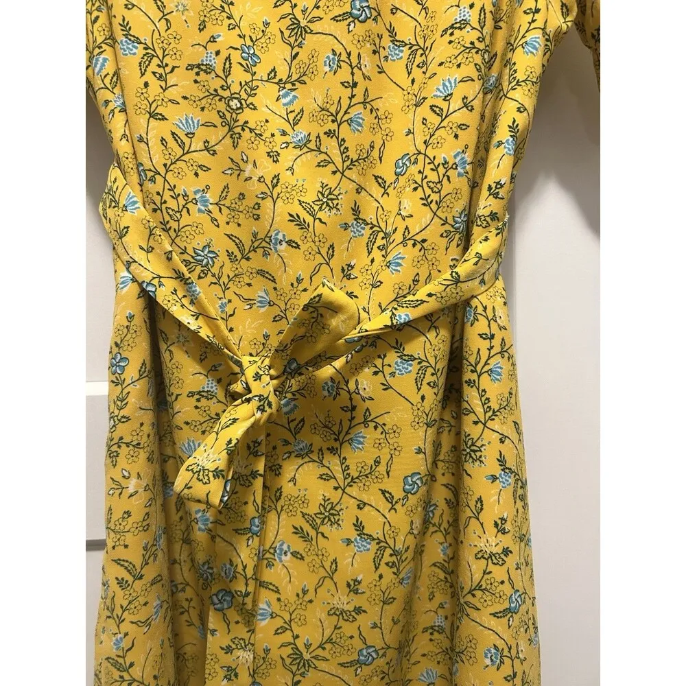 Kaari Blue Yellow Floral Lined Dress Ruffles Belted Spring Boho Size Small Short - Image 5