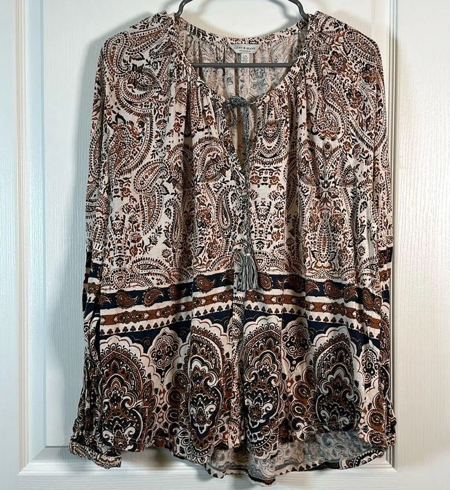 Lucky Brand Floral Front Tassel Peasant Brown Tan Blouse Size Large EUC #0741 - Image 2