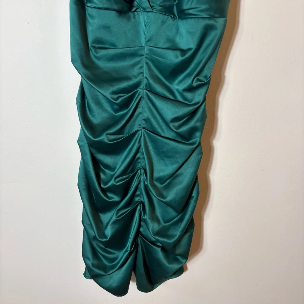 Vintage Rubber Ducky Emerald Green Satin‎ Ruched Dress Size Large - Image 3