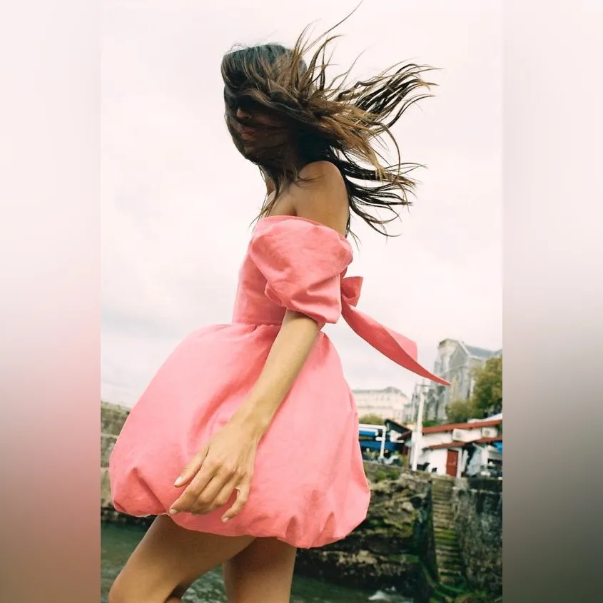 Zara Bow Back Bubble Hem Linen Blend Short Puff Sleeve Mini Dress XS Pink - Image 3