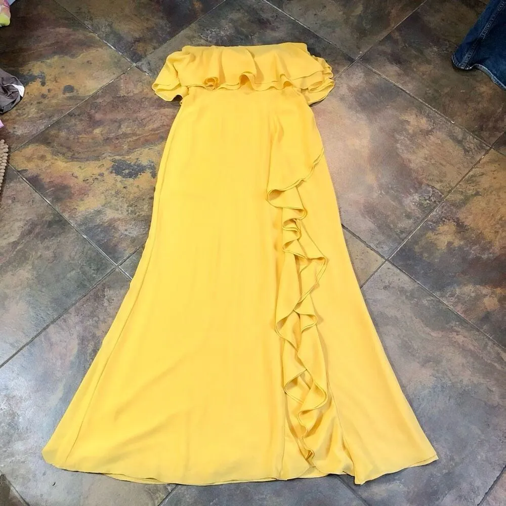 Lovers + Friends Women’s Yellow Strapless Ruffle High Slit in Front Jeadora Gown - Image 17