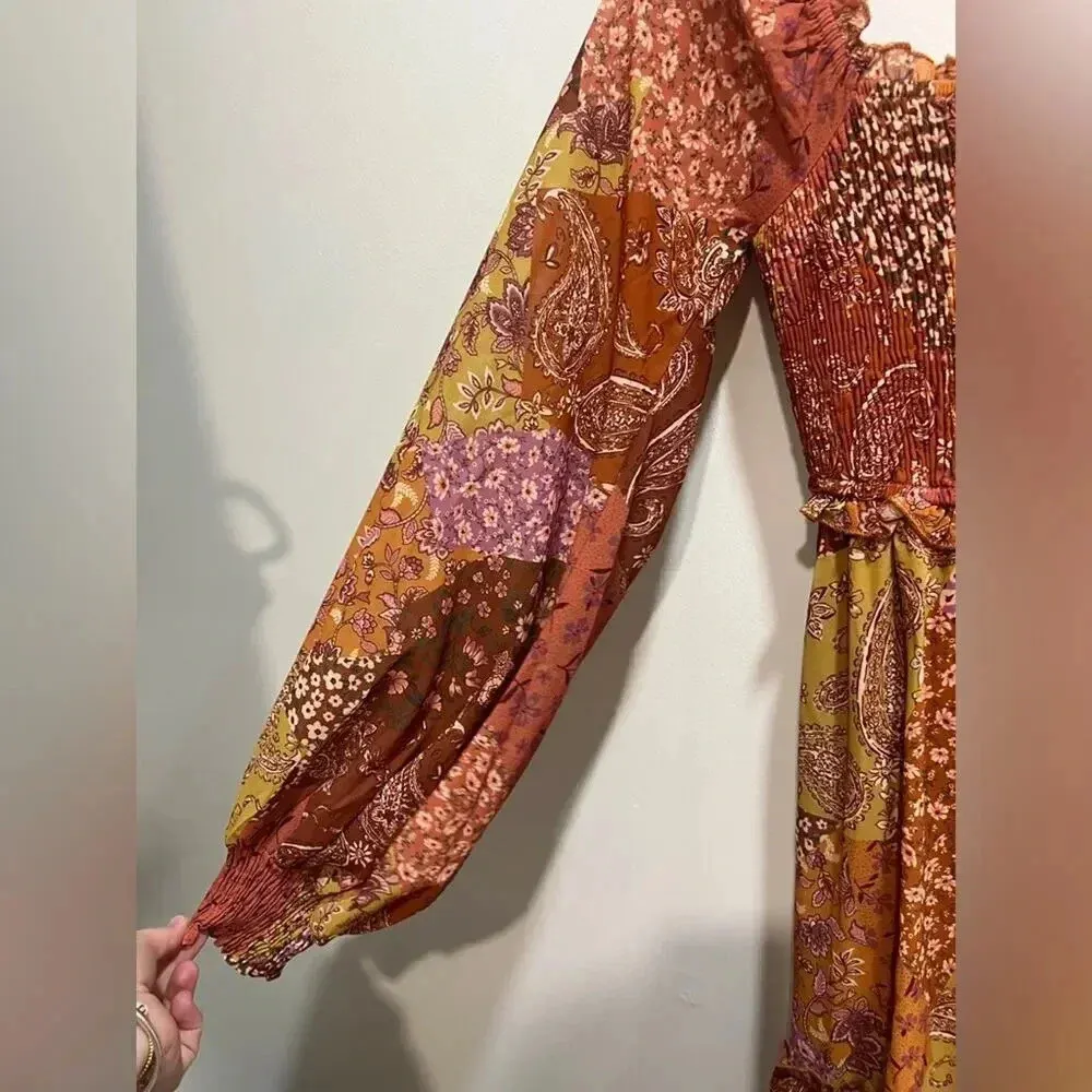 AURA maxi dress patchwork boho rust long sleeves smocked paisley stretchy - Image 4