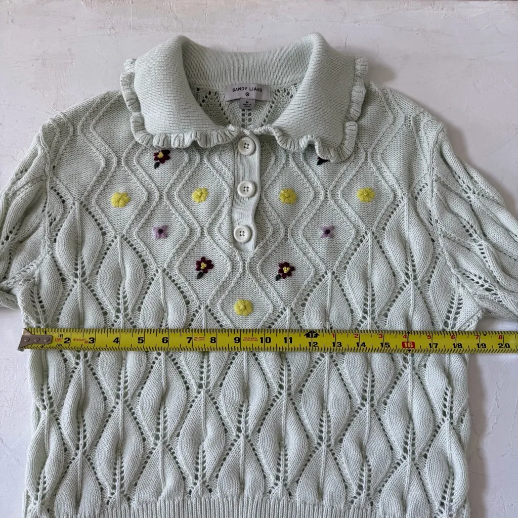 Sandy Liang Target Green Open Knit Peter Pan Collar Sweater Embroidered Size M - Image 8