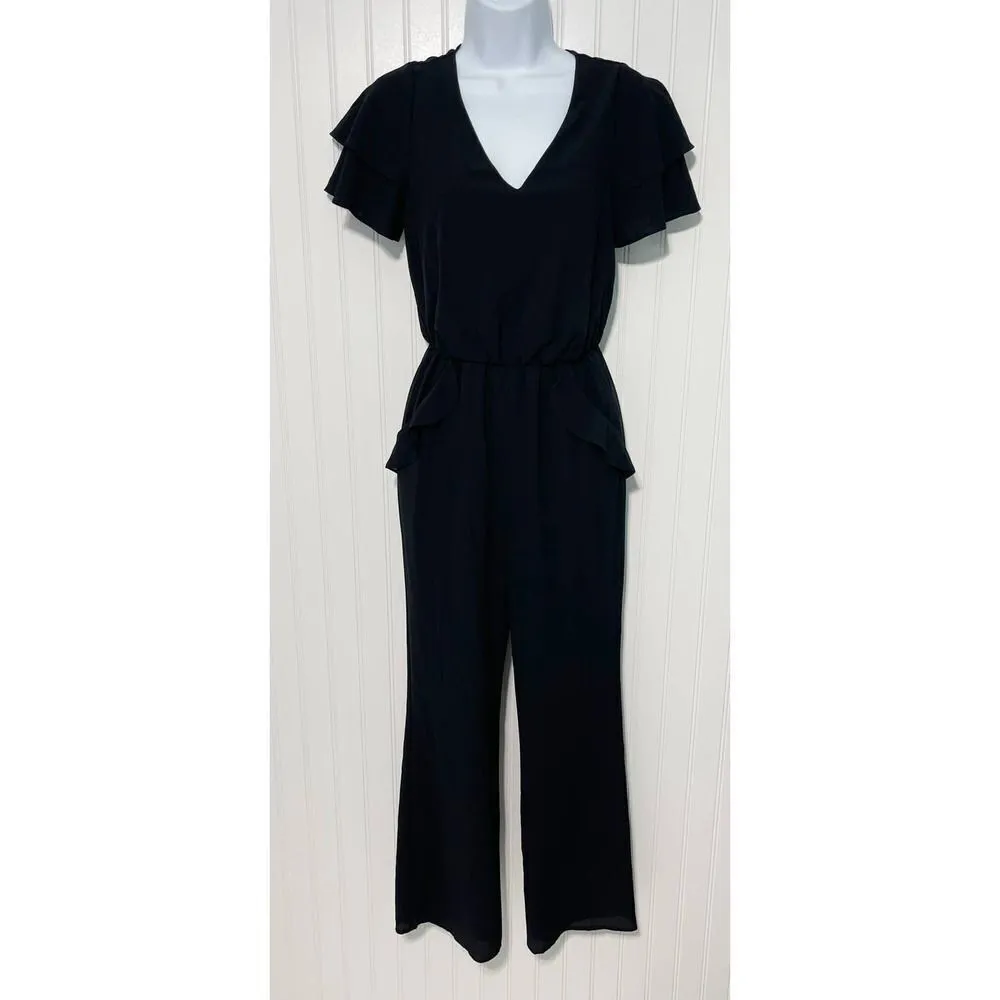 Ali & Jay Jumpsuit Wide Leg Ruffle Accent Surplice V-Neck Short Sleeve Black XS‎ - Image 13