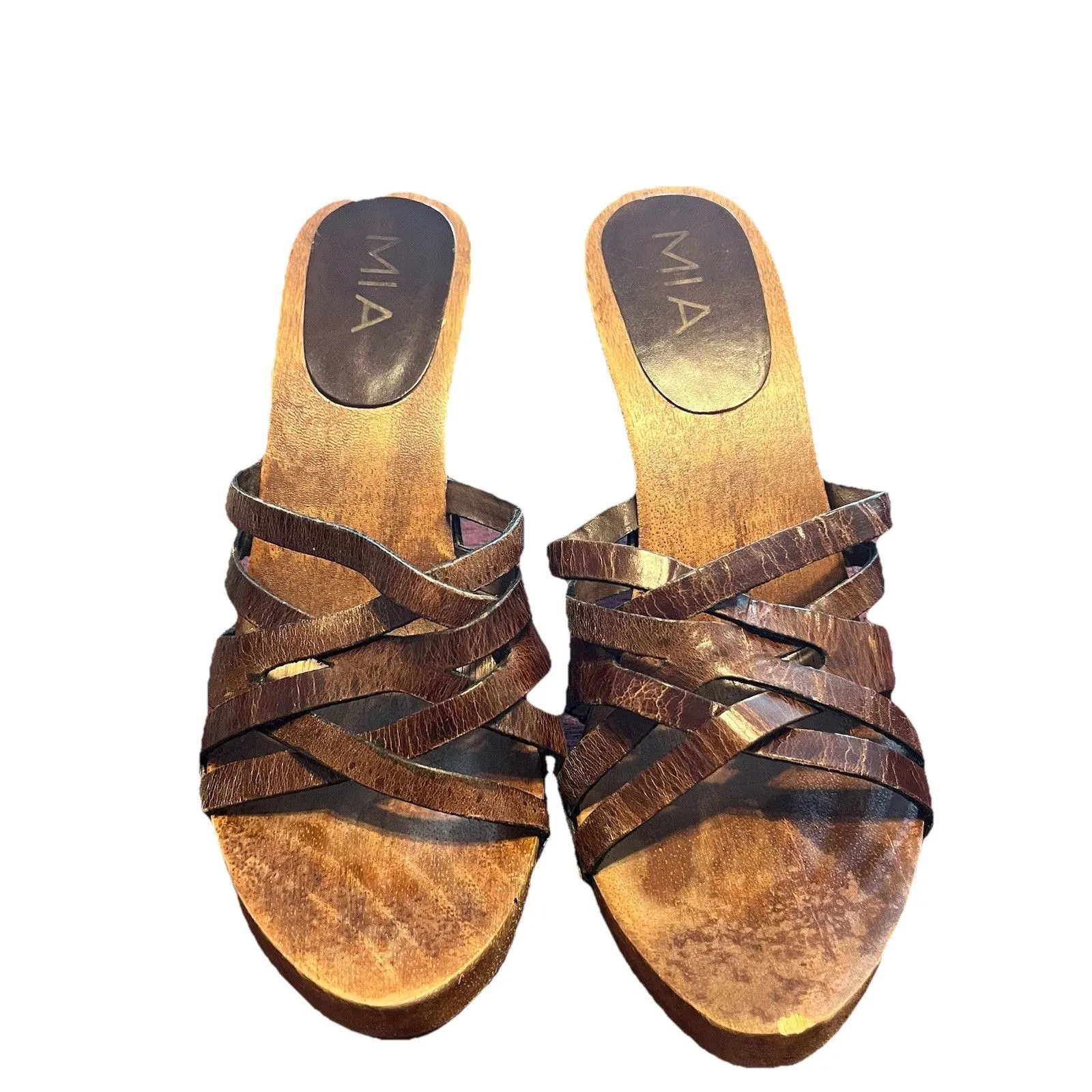 VTG 70s - Y2K MIA Brown Leather Strappy Sandals Wooden Platform Heels - Image 2