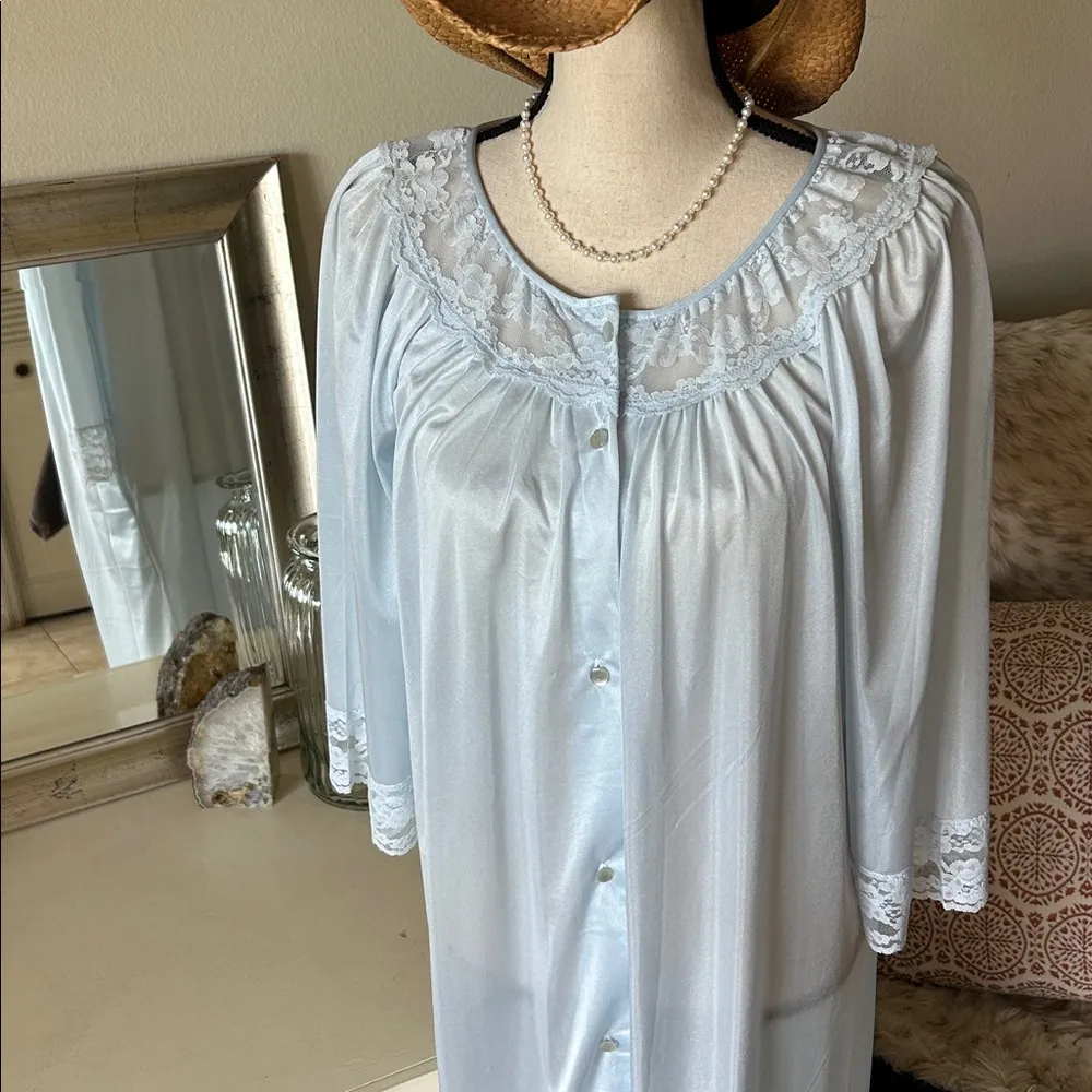 VTG baby blue nylon sheer lace trim button down nightgown midi dress S M L XL​ - Image 2