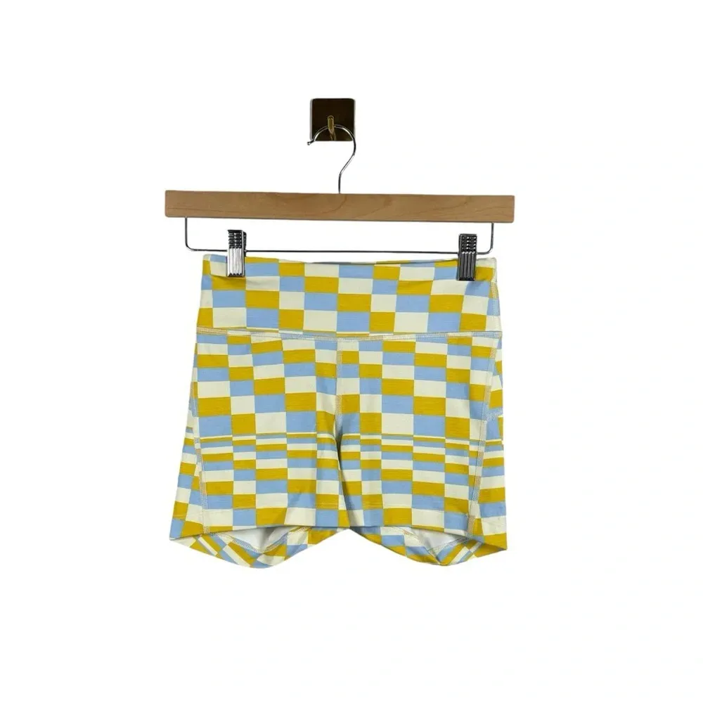NWT Outdoor Voices TechSweat 3.5'’ Checkered Bike Shorts in Blue/Yellow Size XS - Image 3