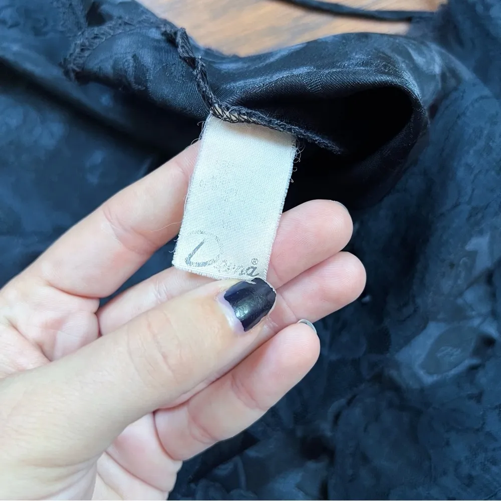 vintage • 80s black satin slip dress mini floral lace lingerie grunge Deena Size M - Image 6