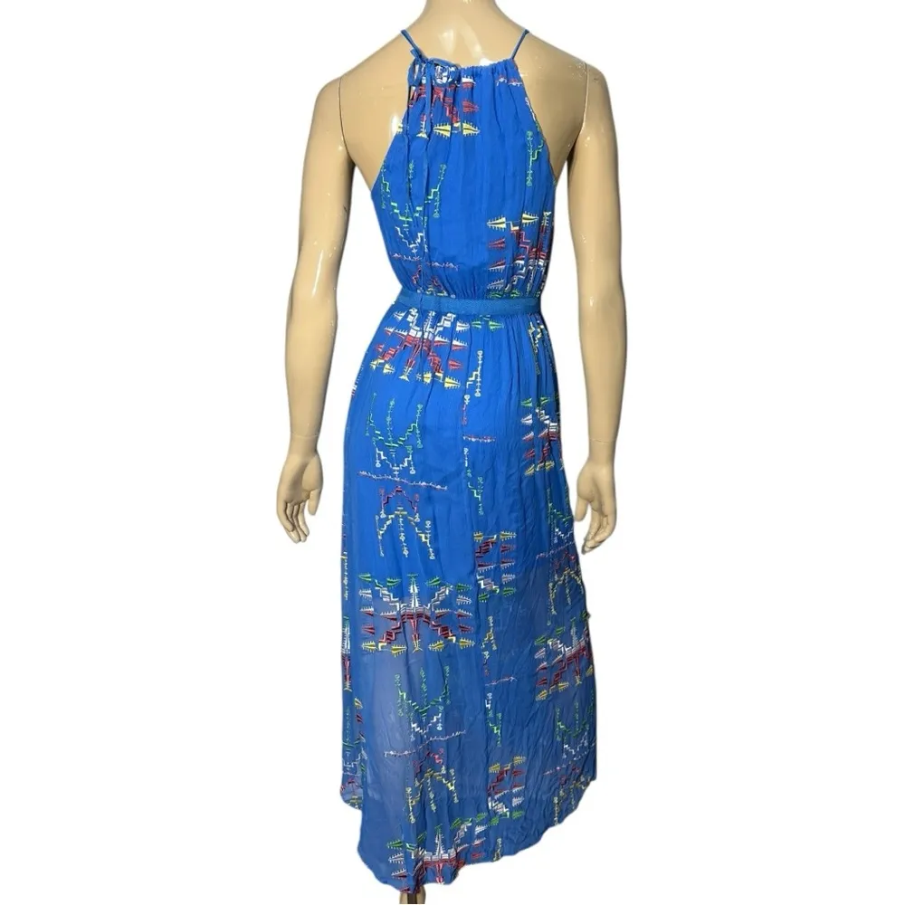Twelfth Street Cynthia Vincent S Blue Aztec Ruffle Hem Halter Neck Maxi Dress - Image 5