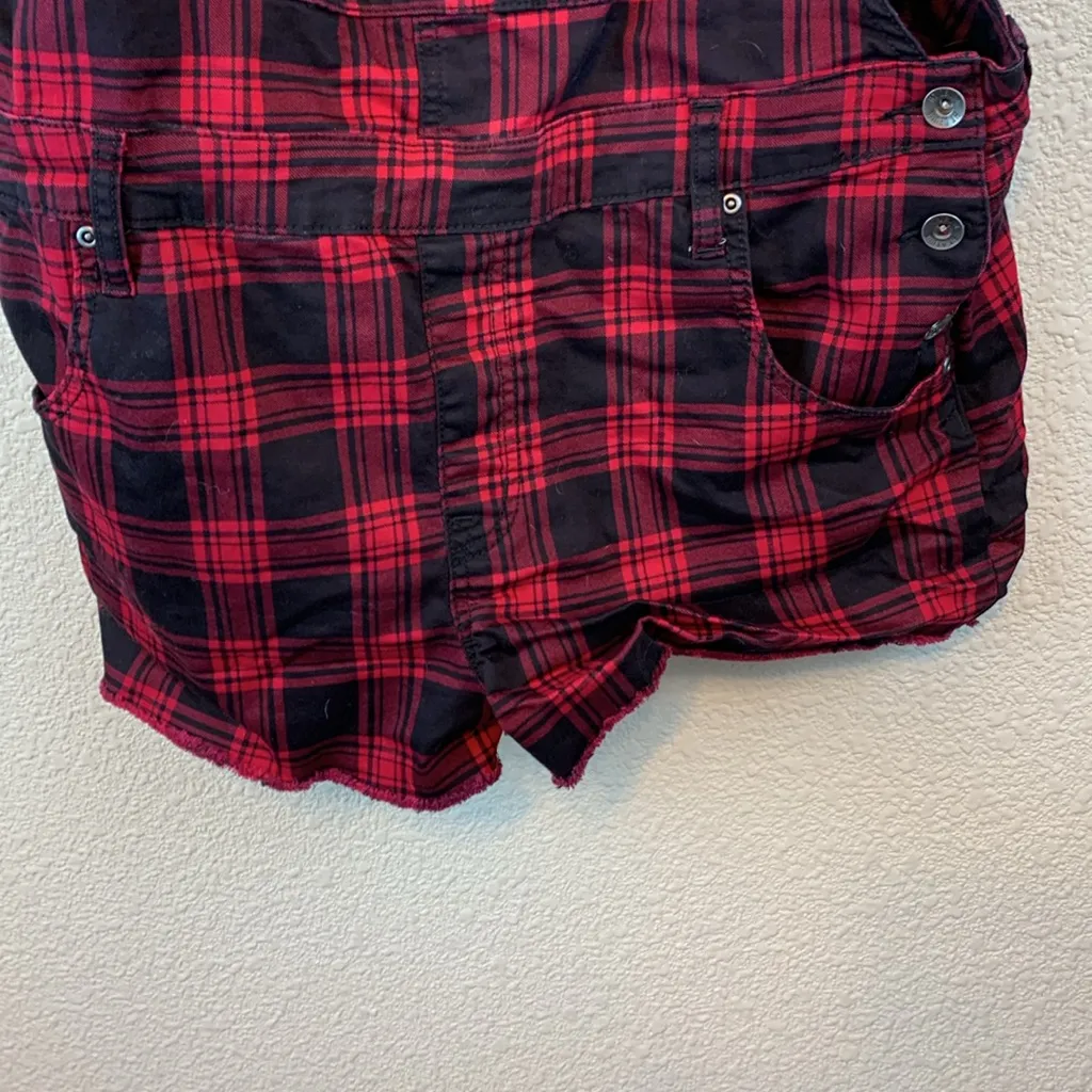 HT Denim Shortall sz XL buffalo plaid overall shorts festival summer casual goth Red - Image 6