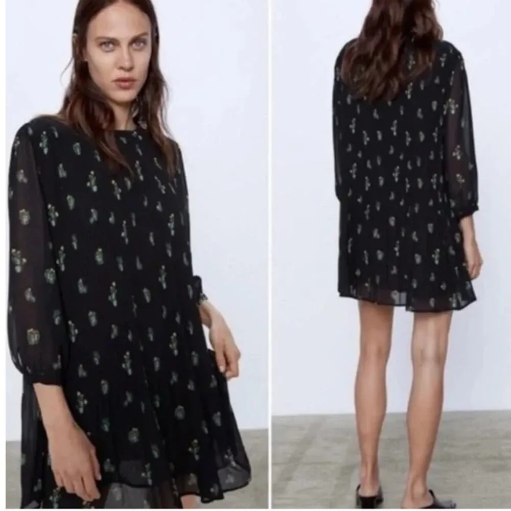 Zara Cactus Print 3/4 Sleeve Crew Neck Plisse Pleated Mini Dress Black Small - Image 2