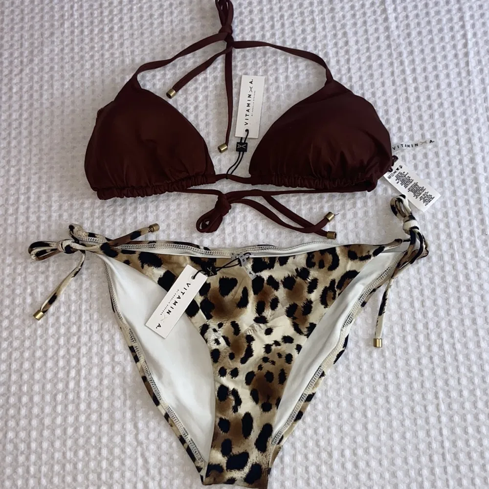 VITAMIN A ELLE Side Tie String Bikini Bottoms Size 14DD Leopard Cream Black Tan - Image 1