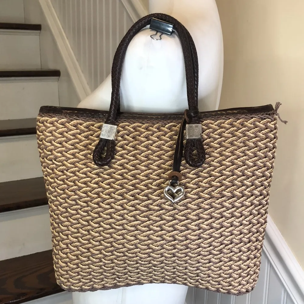 BRIGHTON Braided Straw Wicker Woven Brown Leather Top Handle Shopper Tote Charms - Image 2
