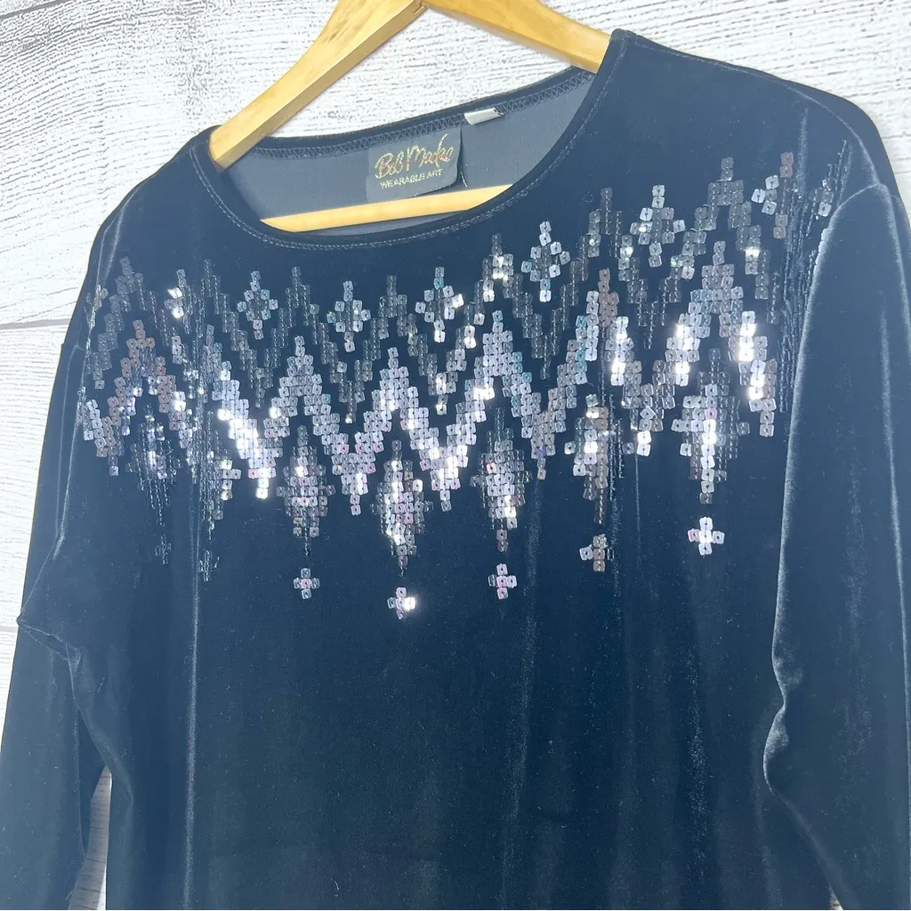 Bob Mackie Wearable Art Black Velvet & Sparkle Sequin Sweater Top Blouse Size XS - Image 3