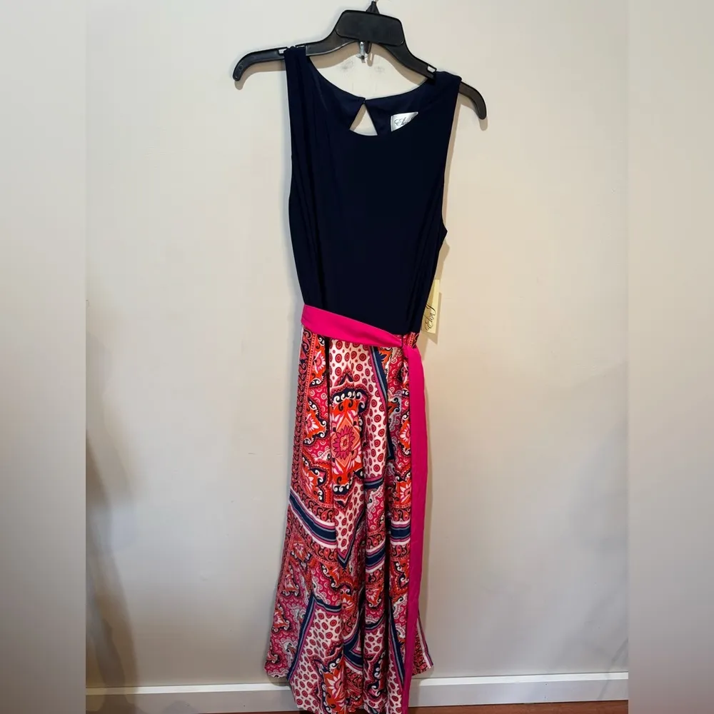 Eliza J Handkerchief Bandana Boho Maxi Dress‎ Navy Pink Orange Size 16 NWT - Image 3