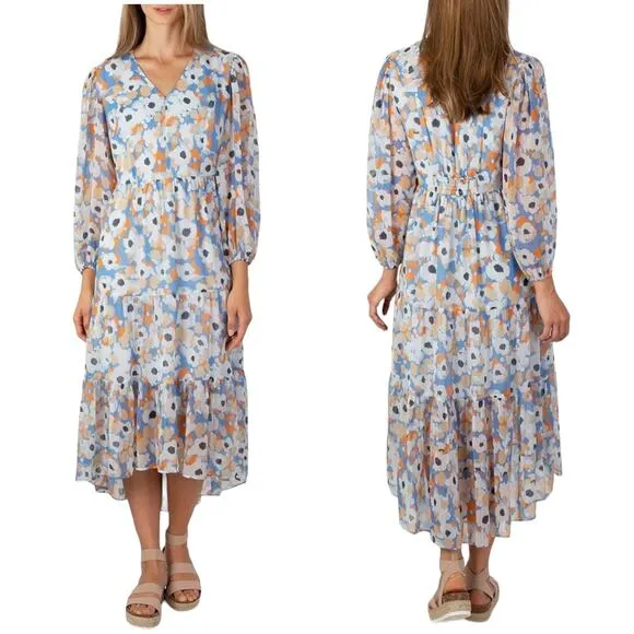 Joie Tiered Ruffle High Low Midi Dress Blue White Floral Print Lightweight XXL - Image 2