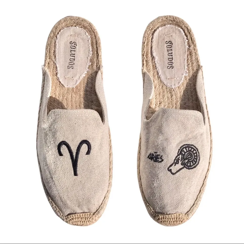 Soludos Aries Embroidered Zodiac Sign Sand & Black Slip On Flat Espadrille Mules - Image 5