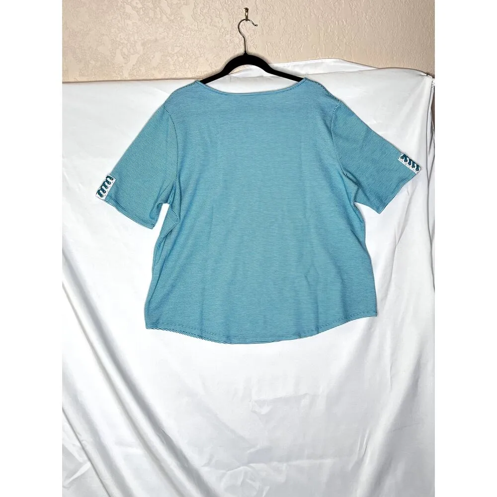 Chico's size 3 T-shirt blue white pinstripe sleeve detail stretch summery casual - Image 2