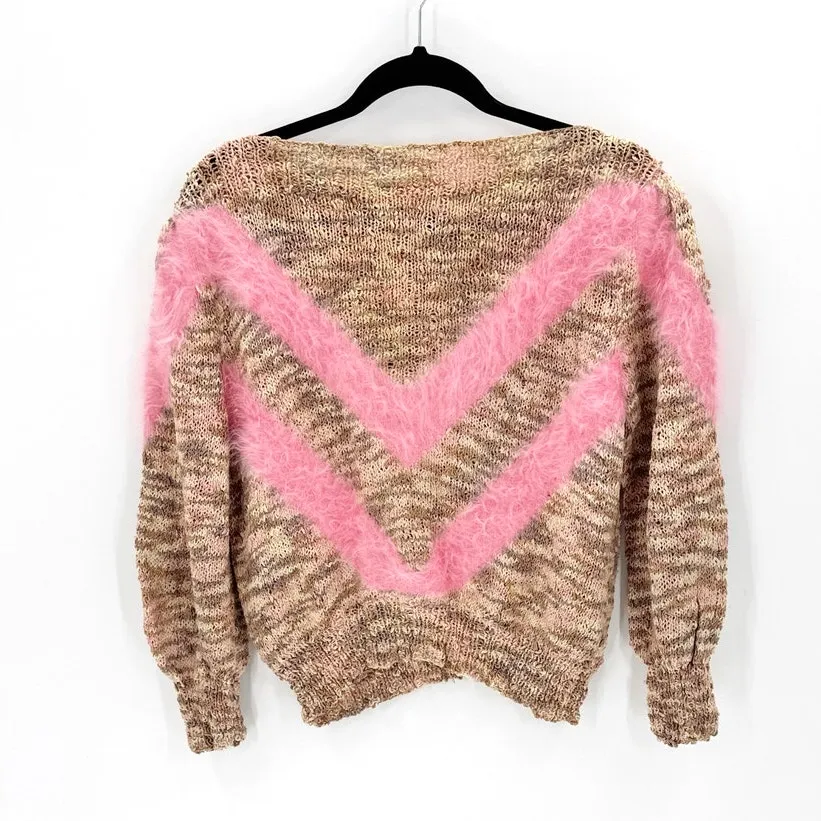Vintage hand knit pink brown chevron sweater size S puff sleeve western - Image 2