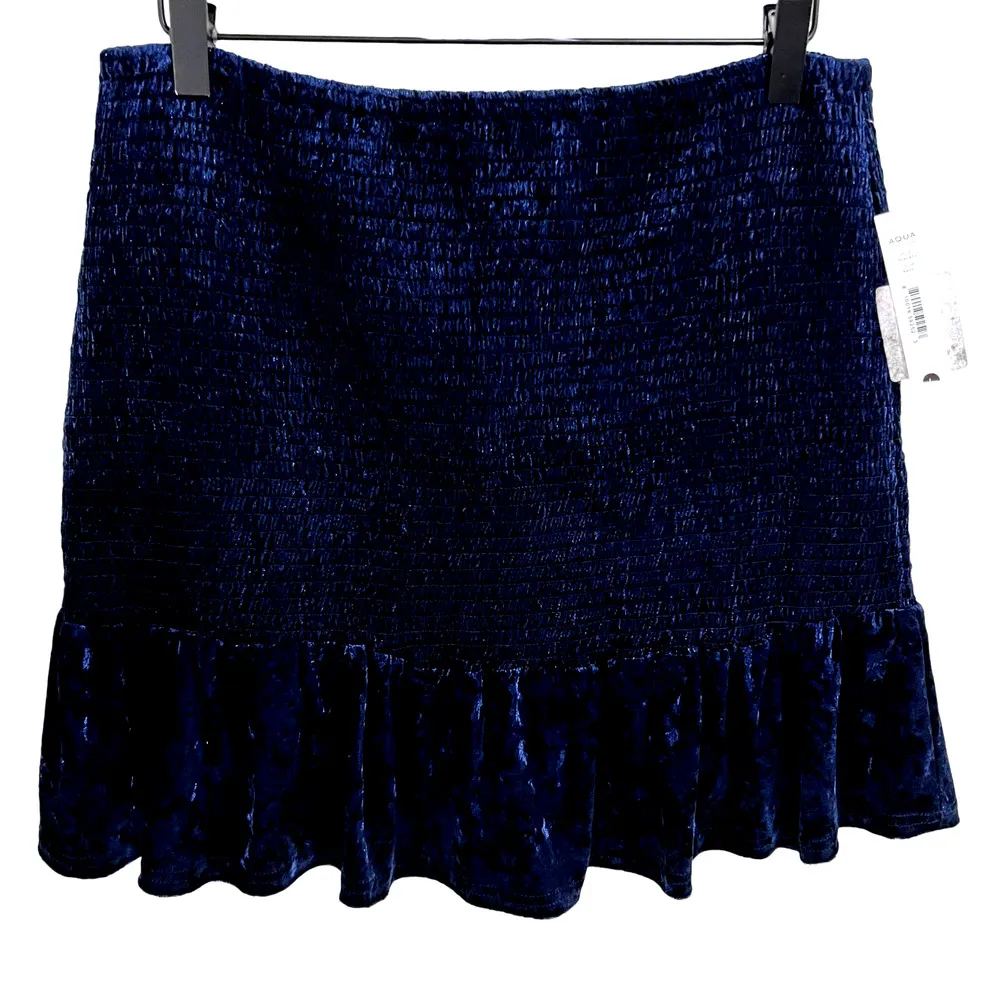 Aqua Navy Blue Crushed Velvet Smocked Flounce Mini Skirt Size Large New - Image 3