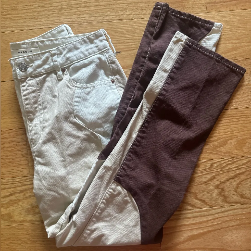 Pacsun Eco Cream Tan Brown Paneled Wavy Design Mom Jeans 100% Cotton - Image 8