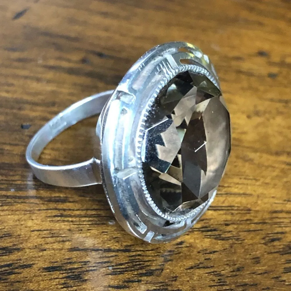 Faceted Smokey Quartz and Sterling Silver Vintage Cocktail Ring Size 6 - Image 9