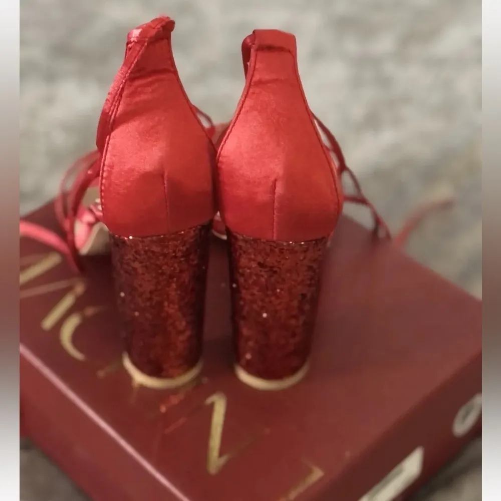 Red satin & glitter strappy lace up high heel shoes prom special occasion size 9 - Image 8