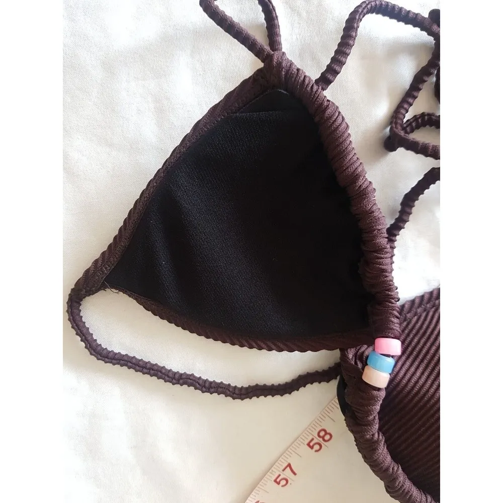 Motf Shein Bikini Bra Top Brown Ribbed Size XS Back Tied Beads Padded NWT Summer - Image 11