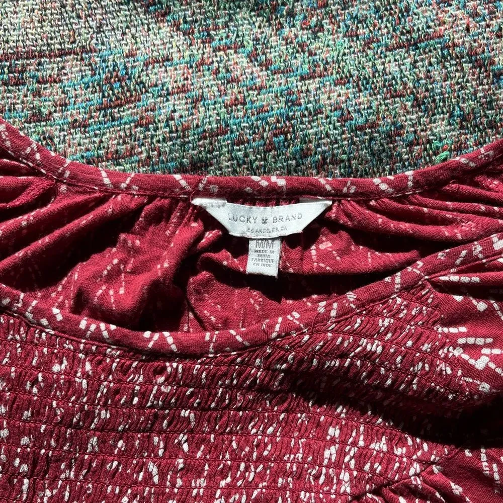Lucky Brand Red Smocked Puff Sleeve Blouse Flowy SZ M Tee Relaxed Fit Minimalist - Image 11