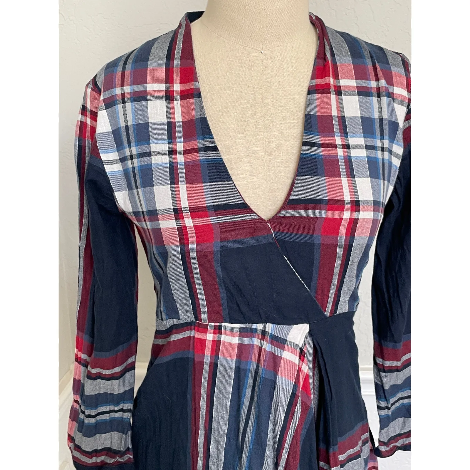 Isabella Sinclair Anthropologie Navy Red Tartan Plaid Midi Dress XS - Image 6