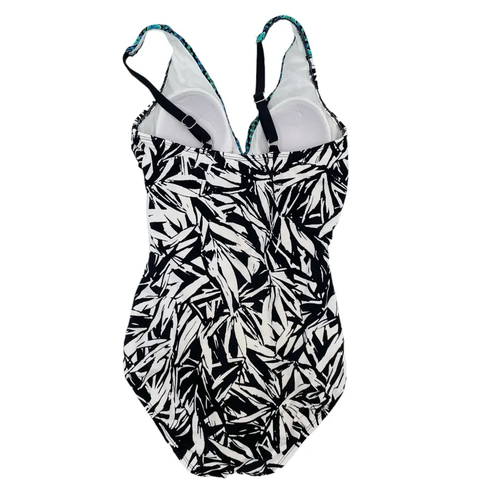 Coastal Blue Flowering Fern Black White Tummy Control One Piece Swimsuit Size XS - Image 2