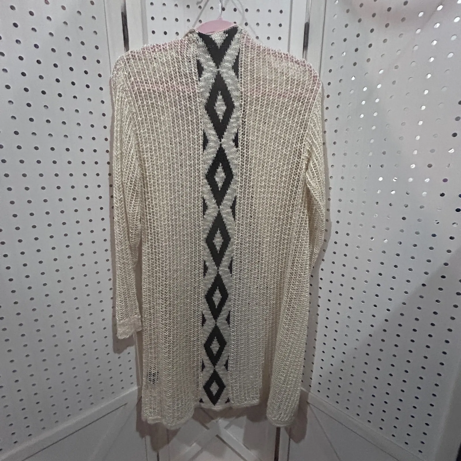 Montana Co Knit Open Front Long Sleeve Cardigan Cream Black Geometric Size S - Image 6
