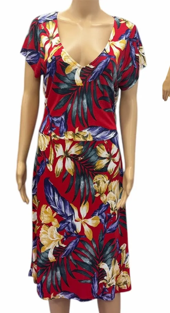 Lascana Venus Red Floral Tropical Short Sleeve V Neck Dress Womens Large - Image 2