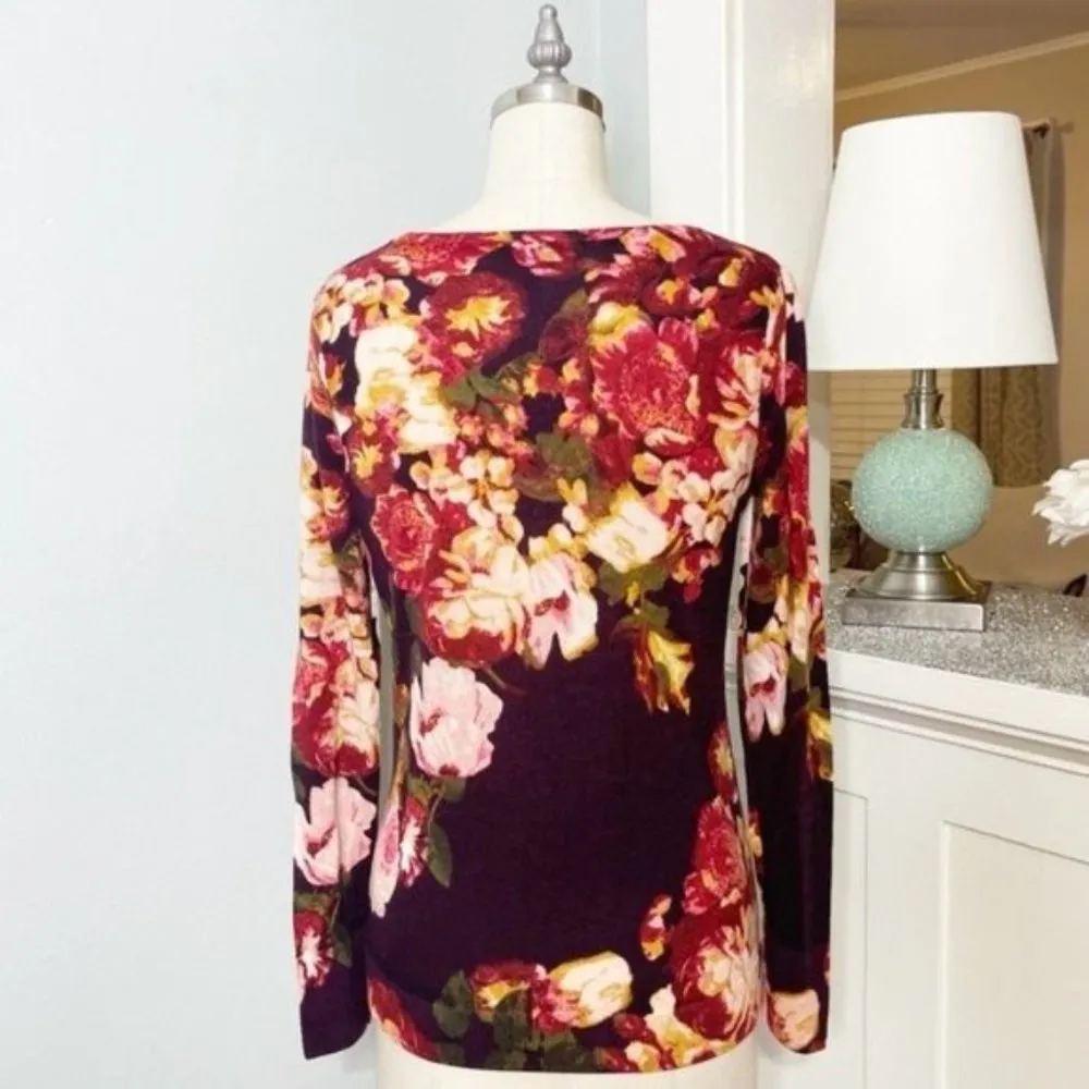 Talbots Luxury Merino Wool Floral Sweater Burgundy Gold Pink XS - Image 6