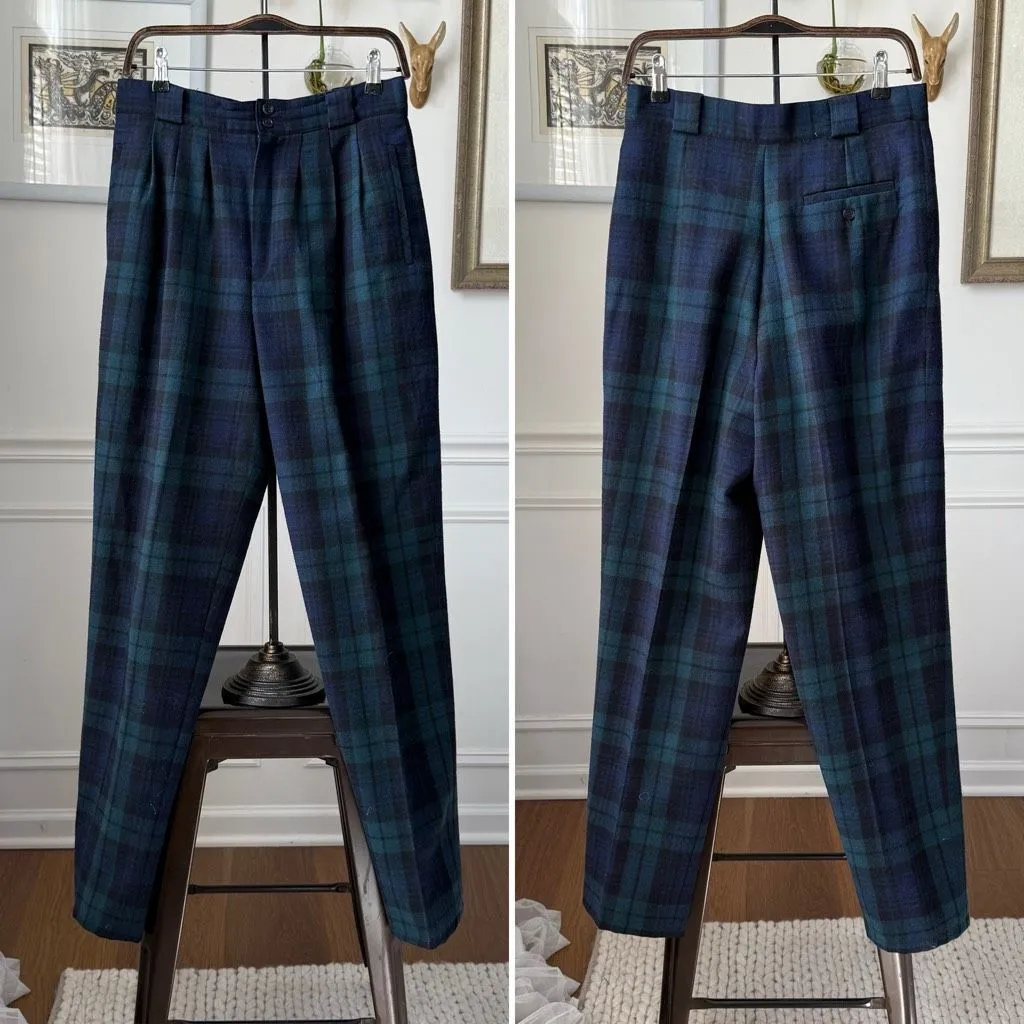 Vintage 90s Summit Hill 100% Wool Blackwatch Plaid Pleat Front Trousers Pants 10 Blue - Image 2