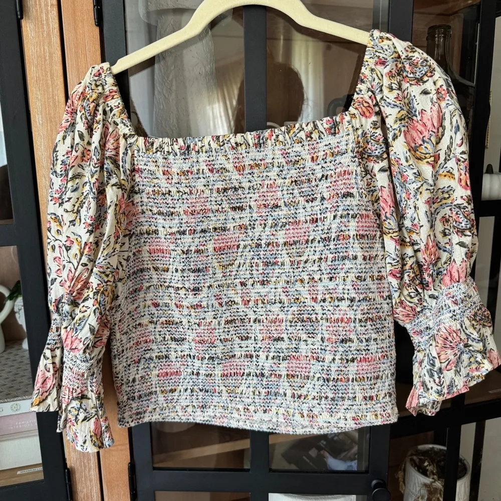 Talisman floral smocked blouse top puff sleeves square neck block print ruffle - Image 7