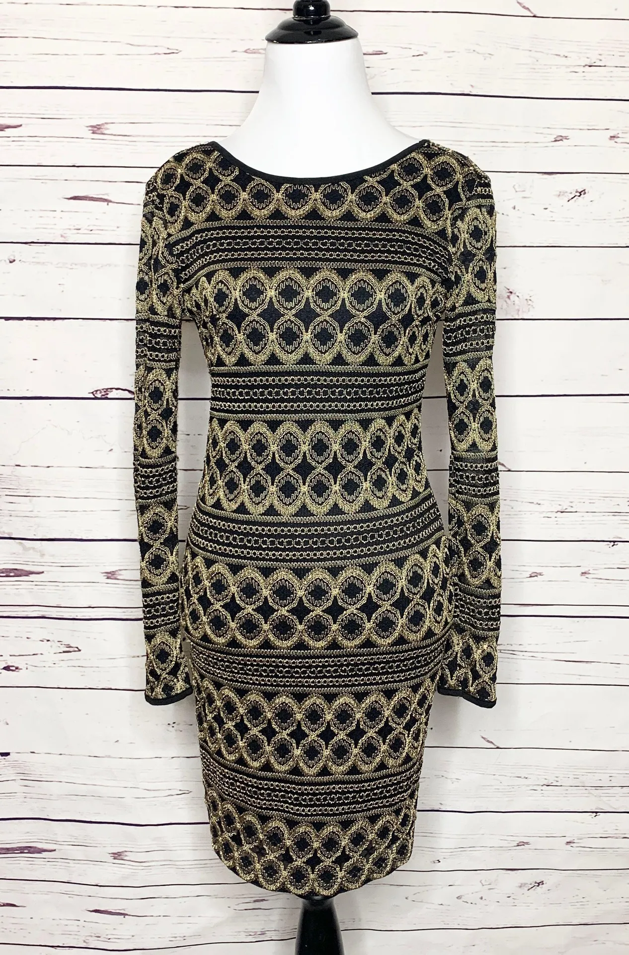Black & Gold Long Sleeve Bodycon Dress Small - Image 2