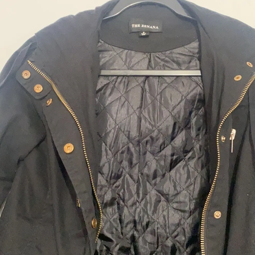The Zenana Size Small Black Hooded Utility Coat Jacket Gold Detail Zipper Snap - Image 2