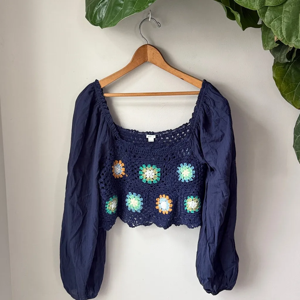 Aerie Blue Crochet Long Sleeve Vacay Top Balloon Puff Sleeves Crop Top - Image 2