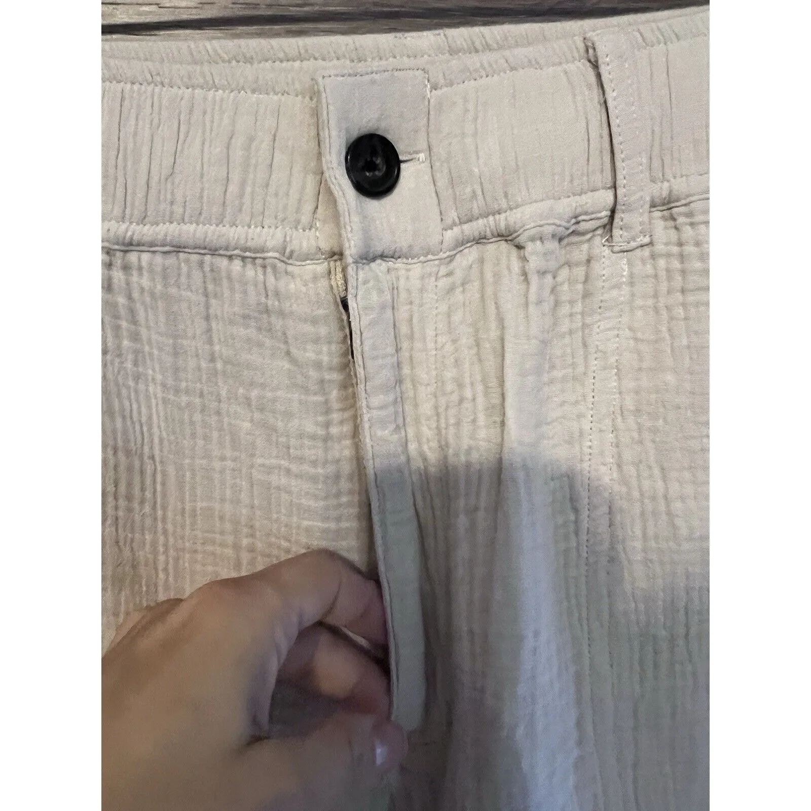 Women Cream Crinckled Cotton Textured Pants Sz Large Elastic Waist Upwest - Image 2