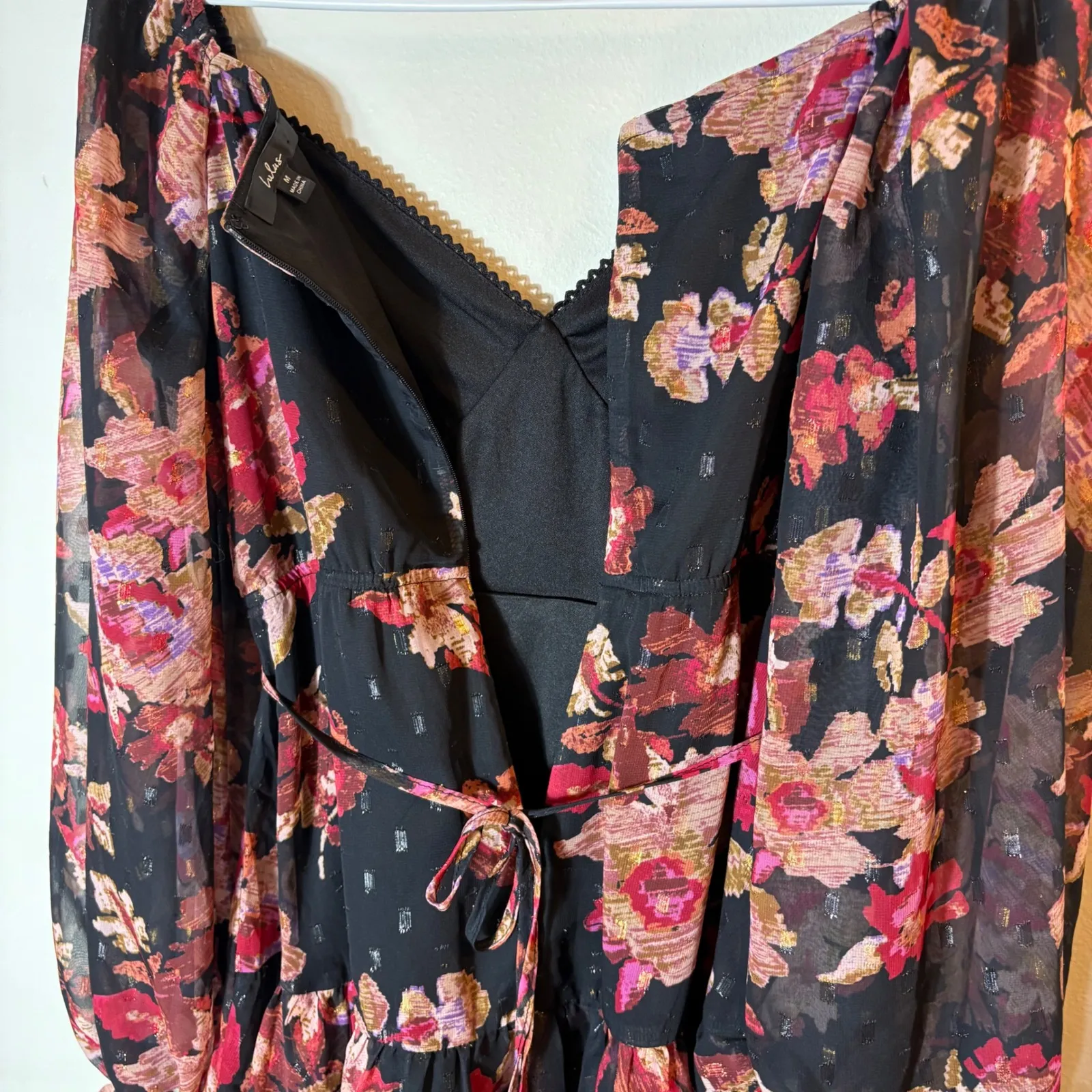 Lulus Dramatically Dreamy Black Floral Chiffon Tiered Lurex Mini‎ Dress Medium - Image 9