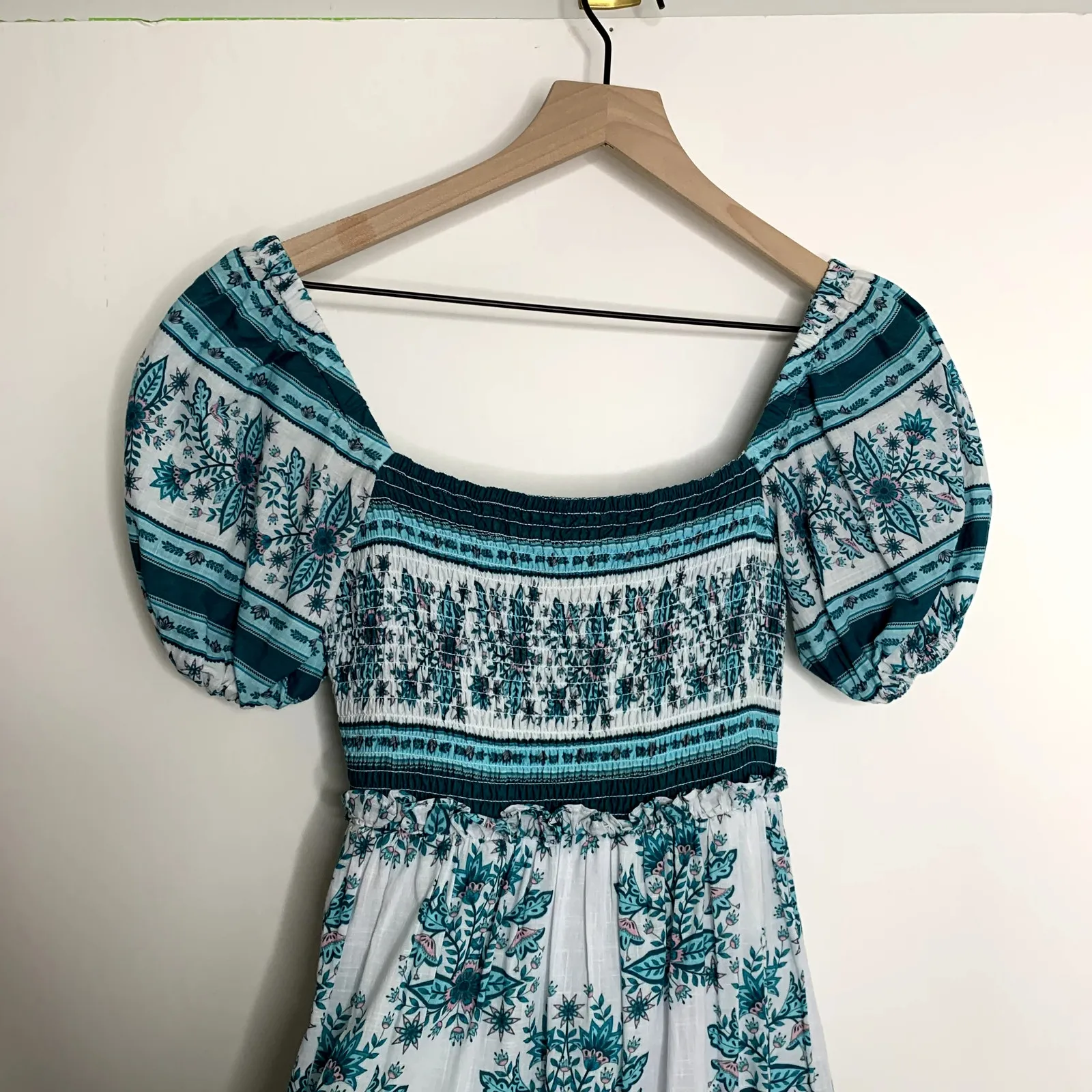 Celina Moon Turquoise White Floral Tiered Puff Sleeve Midi Dress Womens Small Blue - Image 7