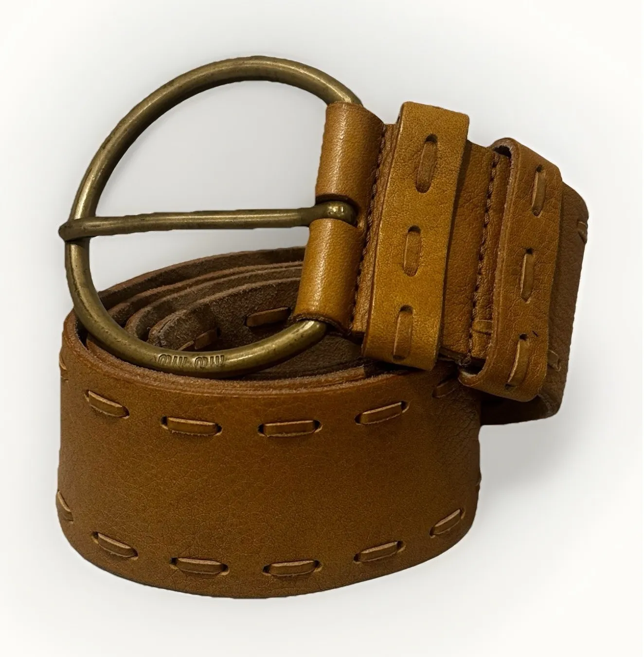 Miu Miu Brown Genuine Leather Designer Belt Made in Italy Womens 32 Brass Buckle - Image 1