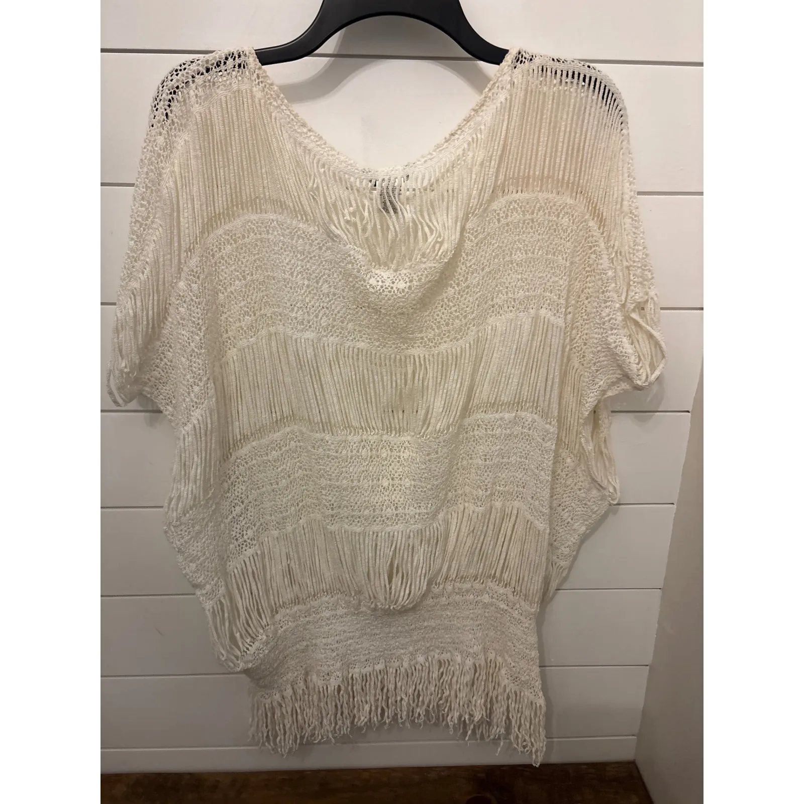 Trina Turk Ivory Crochet Fringe Kimono Top Sweater Women's Size L - Image 3