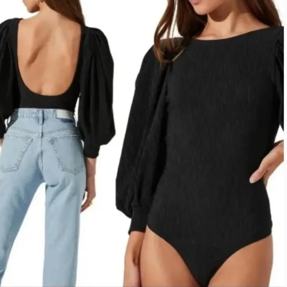 ASTR REVOLVE Black Textured Scoop Back Half Drape Sleeve Bodysuit Blouse Top - Image 2